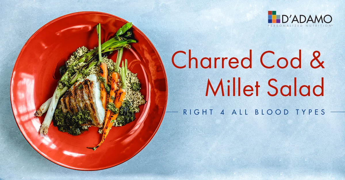 Charred cod with millet, roasted carrots and salsa verde
