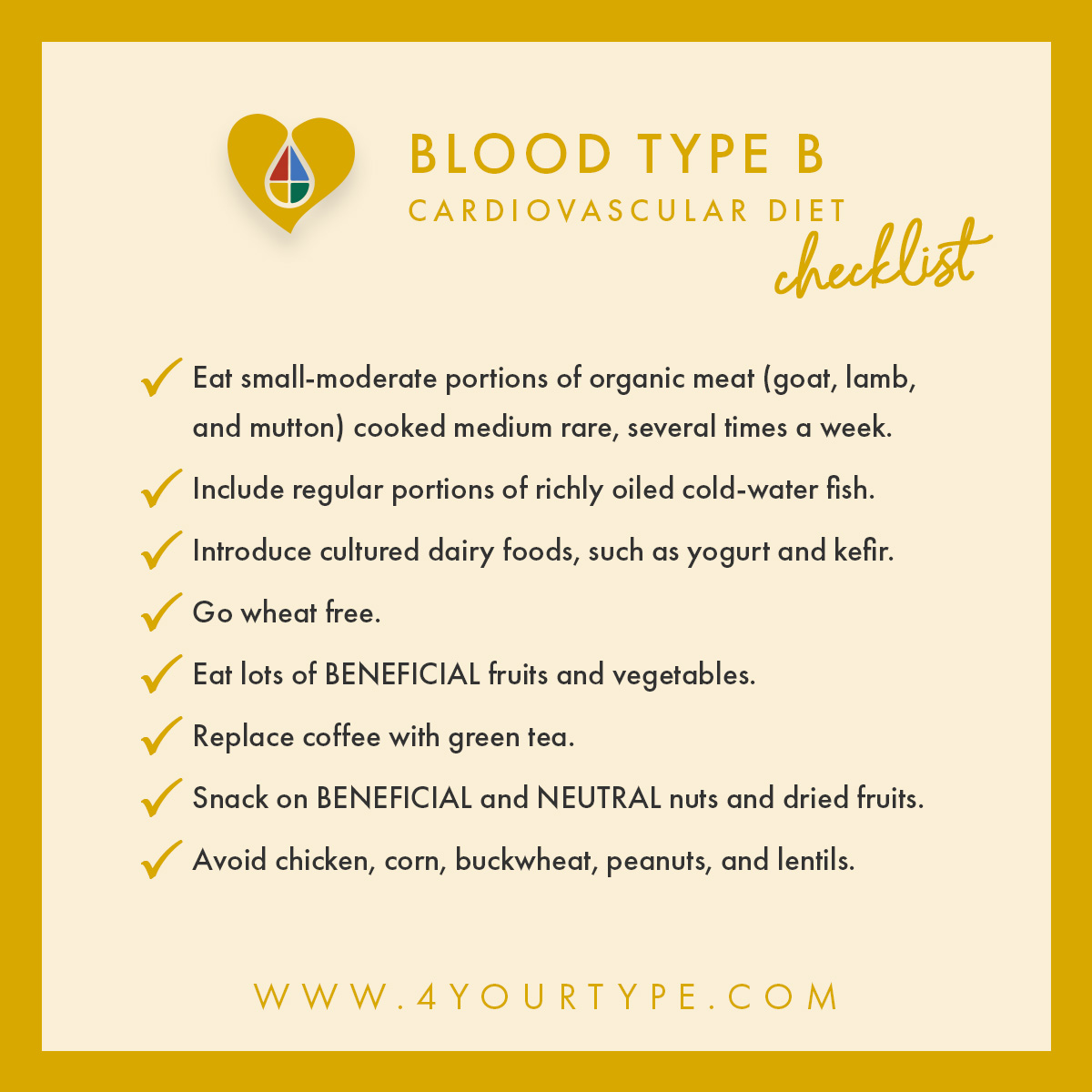 Heart healthy foods blood type checklist B