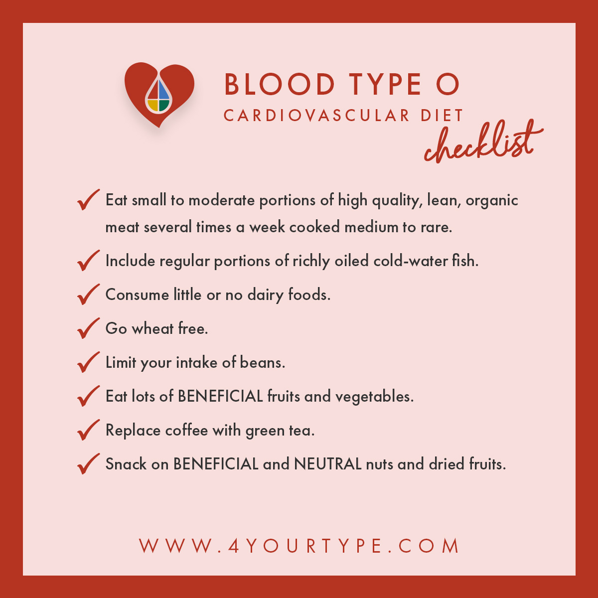 Heart healthy foods blood type checklist O